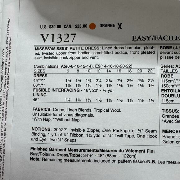 VOGUE Anne Klein Twist Front Pleated Dress Pattern V1327 Size A5 Uncut Career - Picture 4 of 5